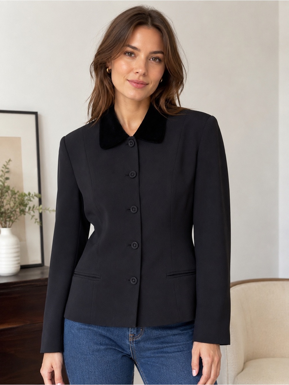 Vintage Due Per Due Black Blazer Size 6 Velvet Collar Tailored Jacket Y2K